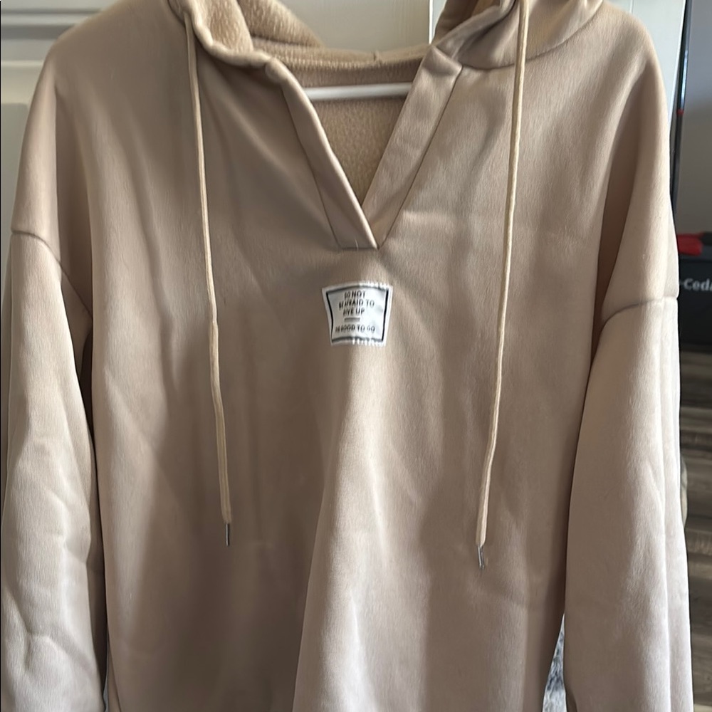 Tan Hoodie Sweatshirt with Partial Zip and Drawstrings